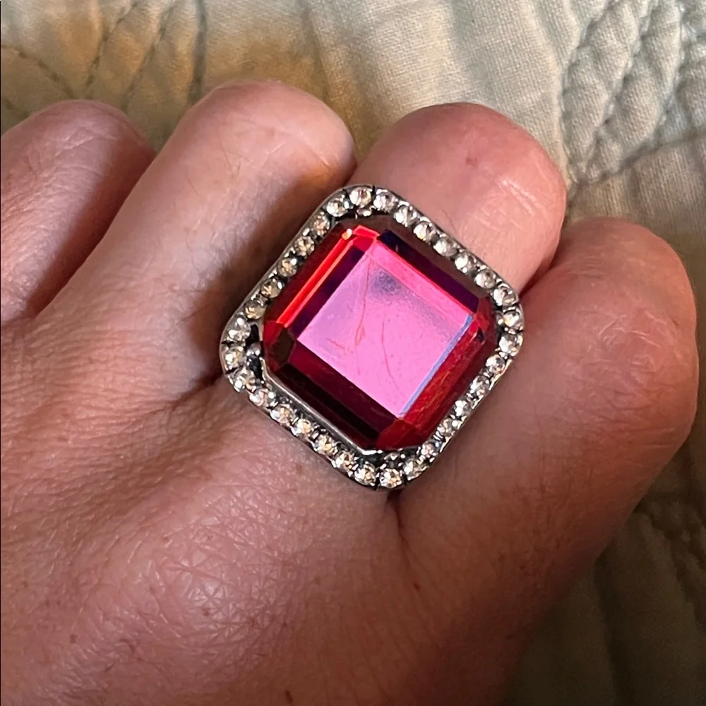 Statement Pink Square Crystal Ring with Clear Halo